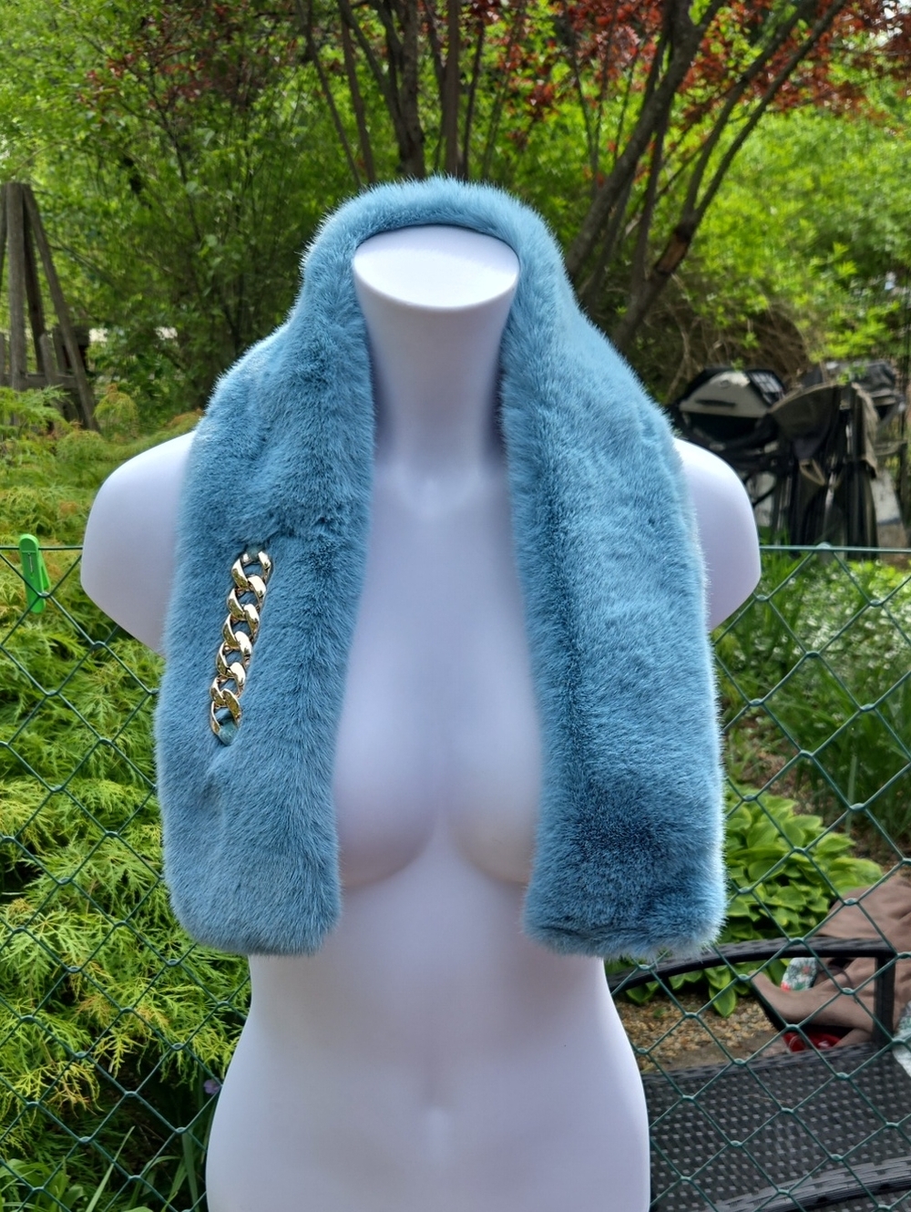 Blue/teal Faux Fur Scarf with Gold Chain Accent
